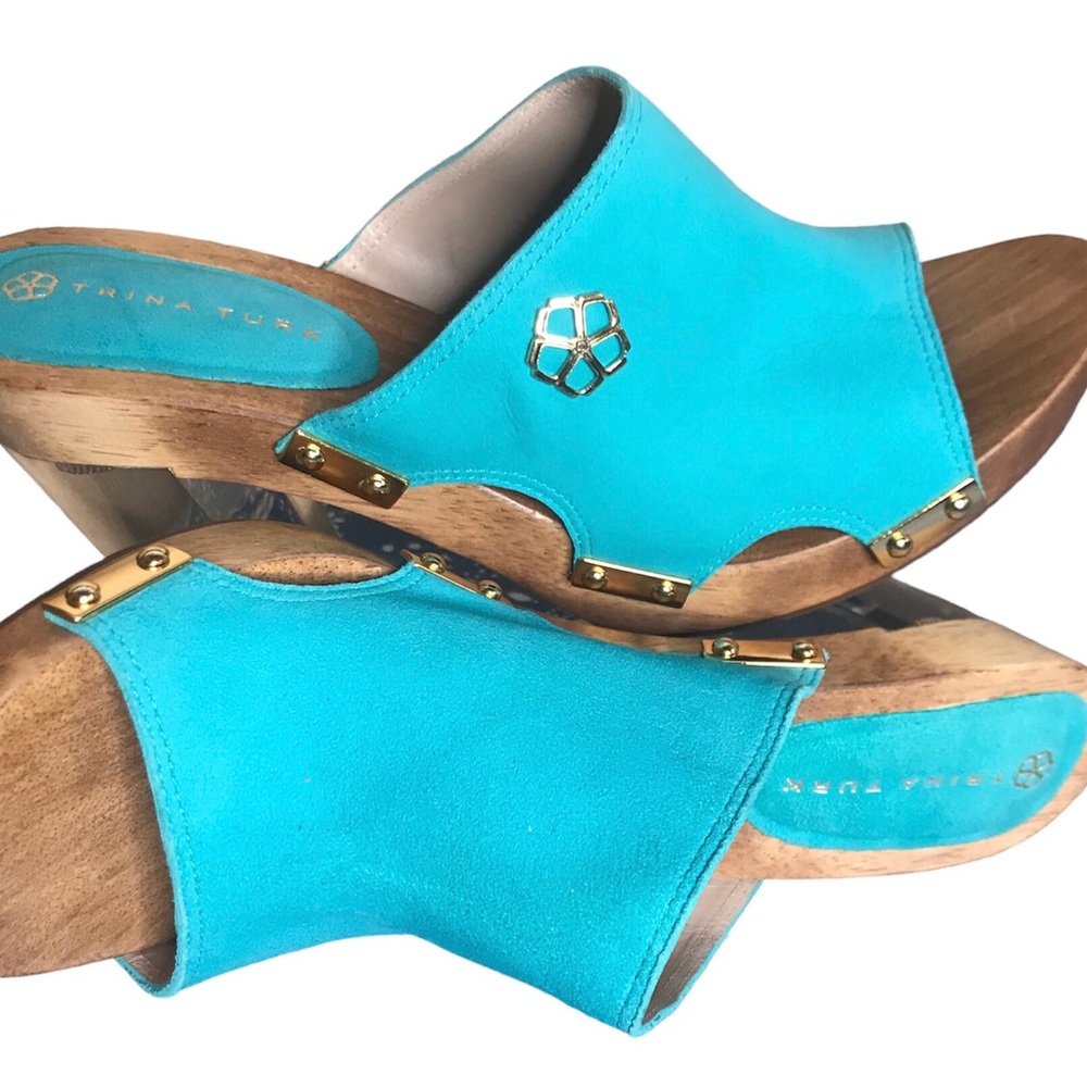 TRINA TURK Turquoise Suede Lucite Block Heel Wood Platform Mule Sandal 8.5